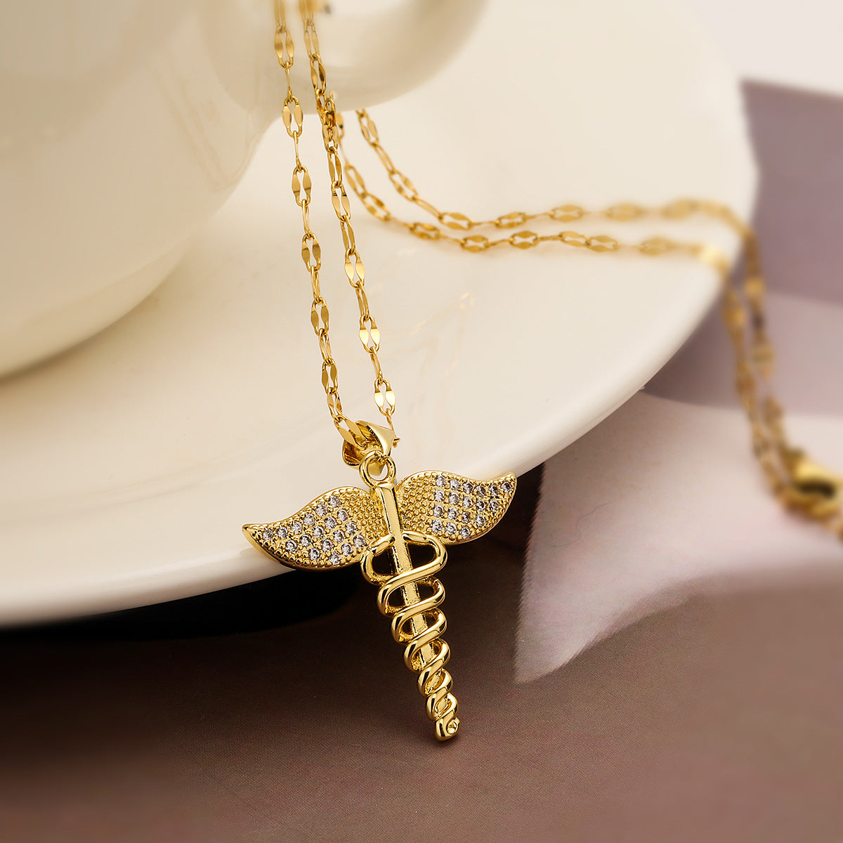 Minimalist Geometric Angel Cross Pendant Necklace for Women with Copper Base and Real Gold Plating Rhinestone Inlay