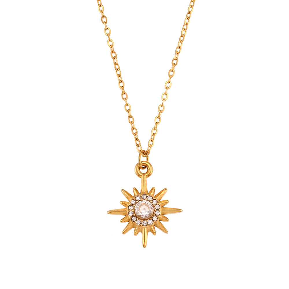 Collana con ciondolo a stella a otto punte con zirconi placcati oro 18 carati in acciaio inossidabile, stile minimalista, da donna