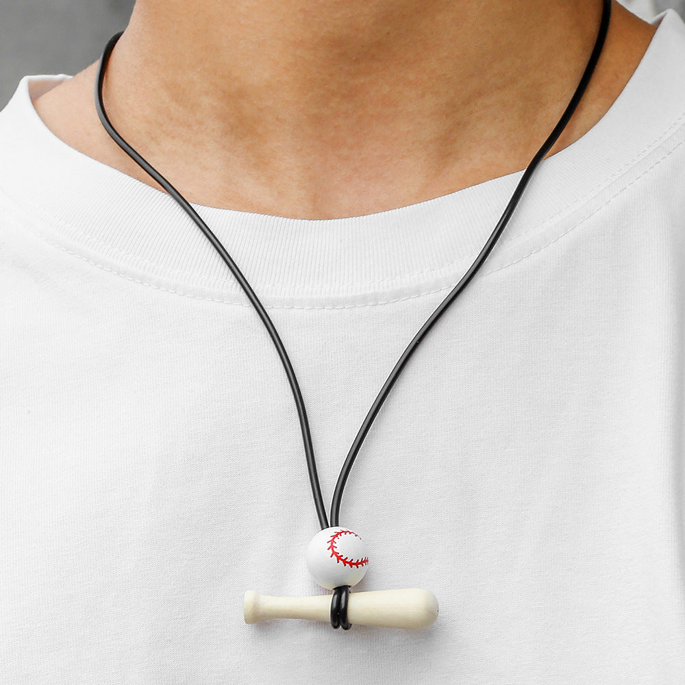 Geometric Wood Baseball Bat Pendant Leather Necklace Adjustable Unisex