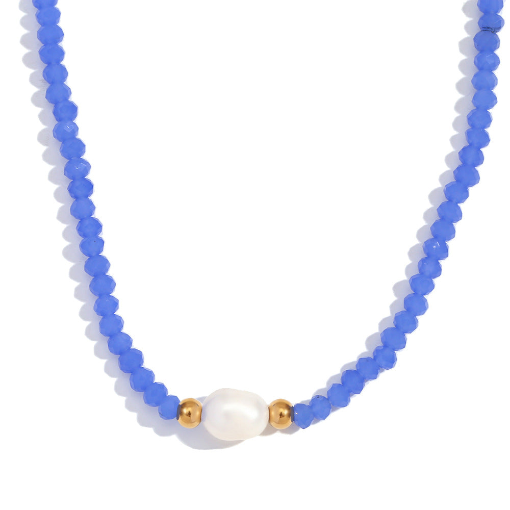 Minimalist Geometric Stainless Steel Pendant Necklace with Freshwater Pearl and Blue Crystal Beads for Women