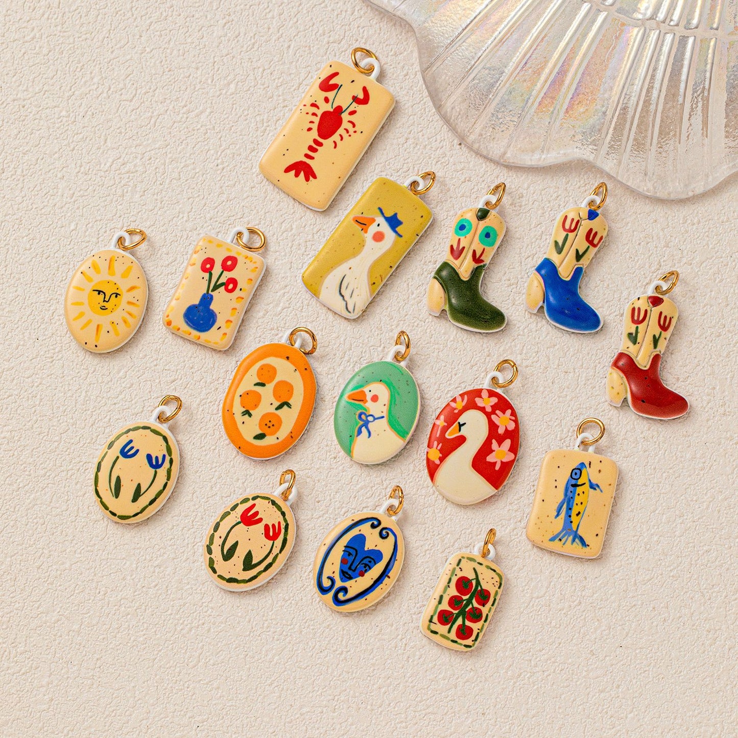 Casual Drip Oil Plated Brass Heart Geometric Pendant Necklace with Floral and Cartoon Charms
