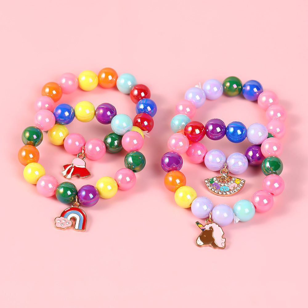 Pulsera de cuentas geométricas estilo dibujo animado para niñas con dije de esmalte en material de aleación para edades de 3 a 10+