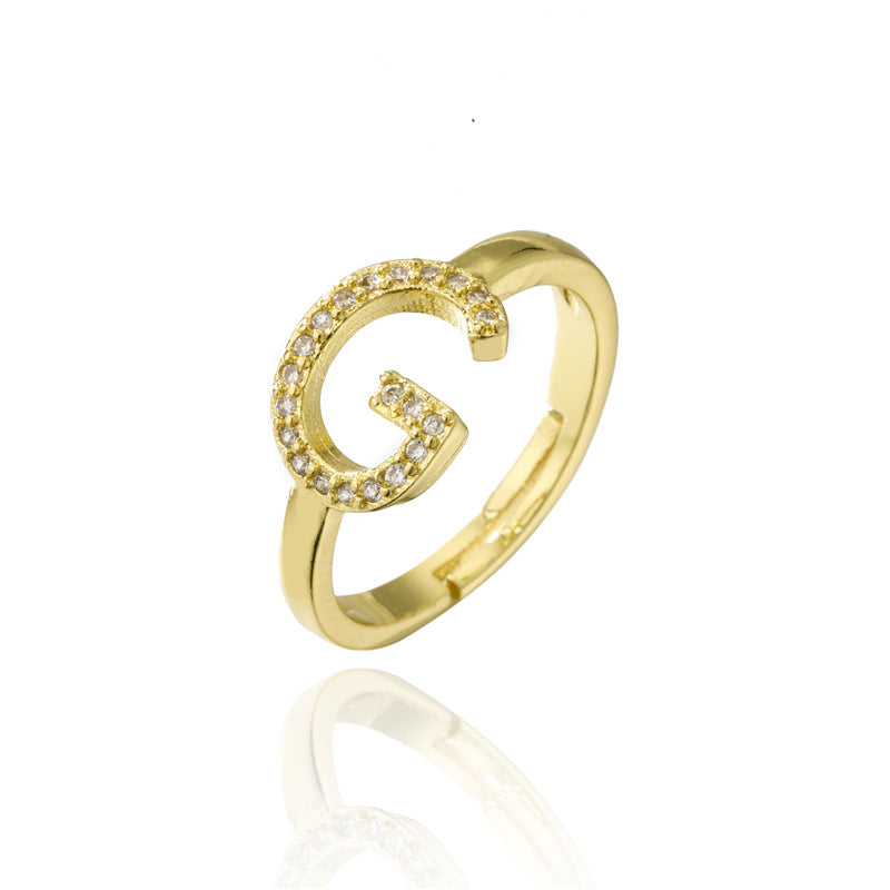 Fashion 18K Gold Plated Brass Micro-inlay Letter Ring Adjustable Open Band for Women