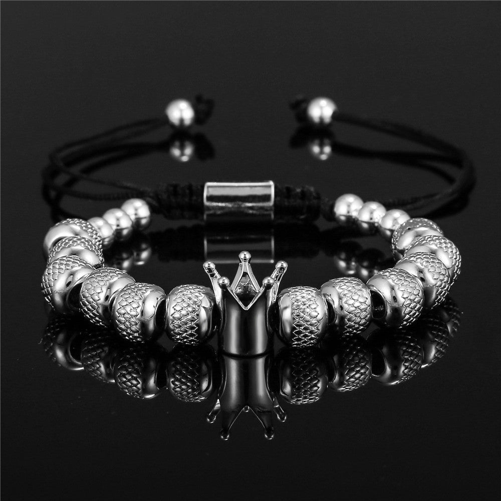 Vintage Geometric Crown Stainless Steel Brass Beaded Bracelet for Men and Women