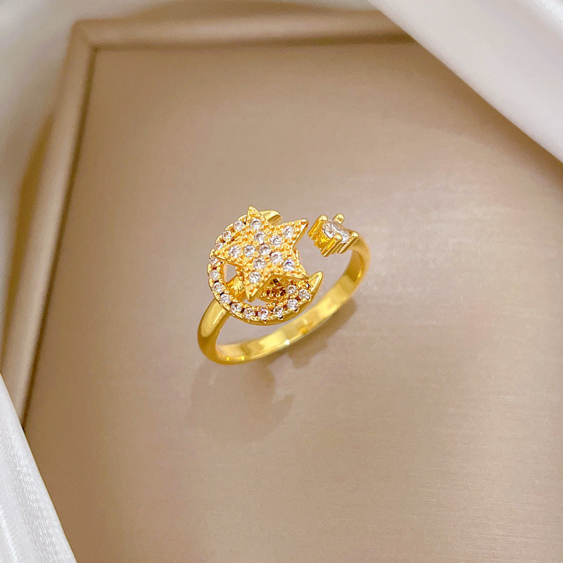 Minimalist Sweet Gold Plated Star Moon Brass Ring Adjustable