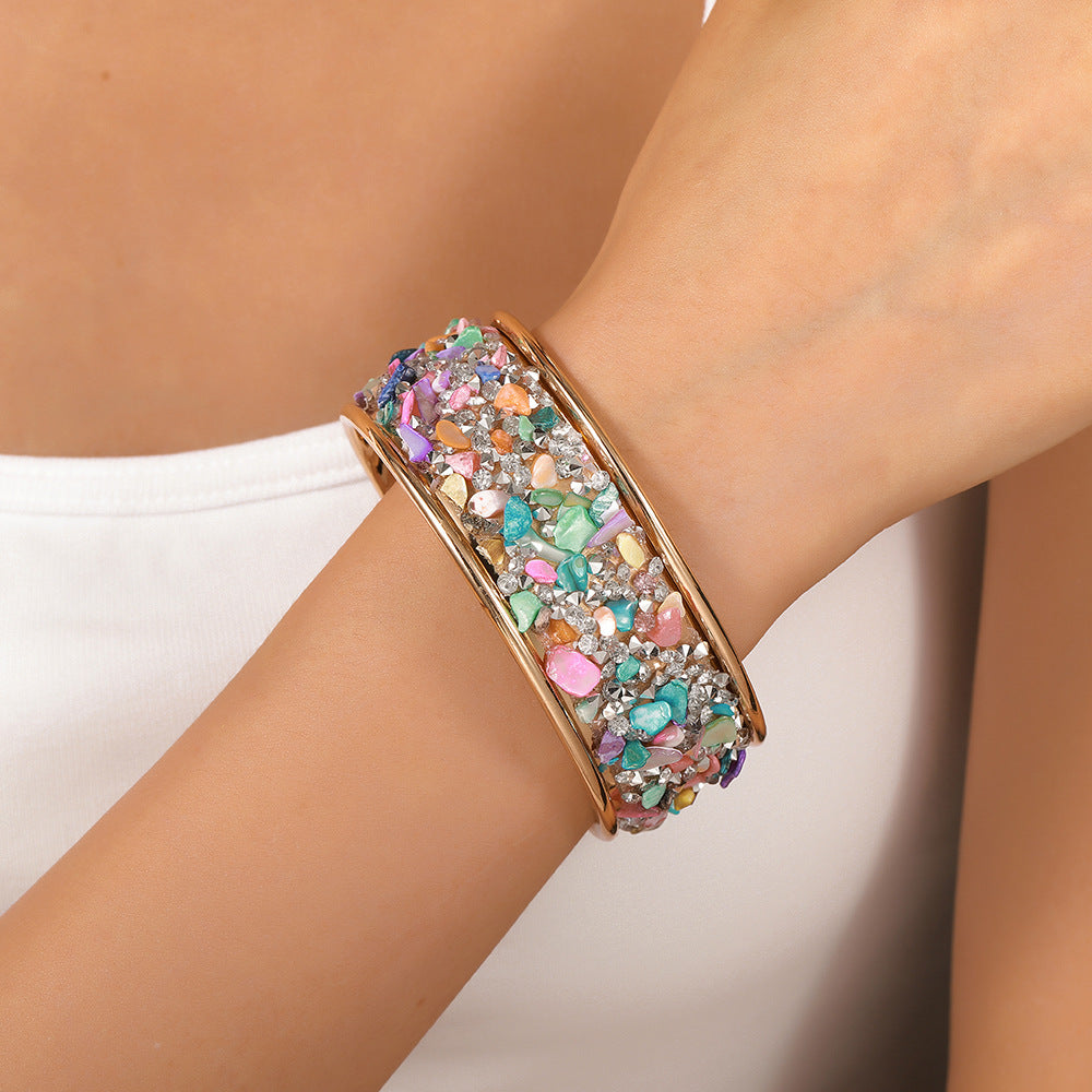 Exaggerated Geometric Round Rhinestone Inlay Plated Alloy Open Cuff Bracelet