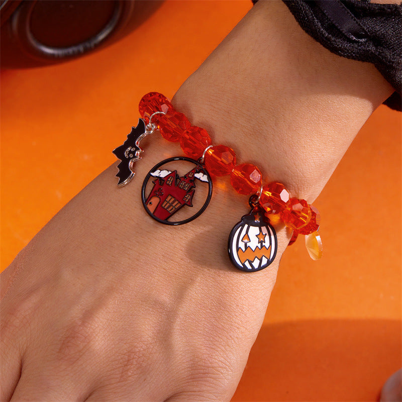 Pulsera de aleación con diseño de gato negro y calavera, temática de Halloween, con cuentas geométricas estilo gótico