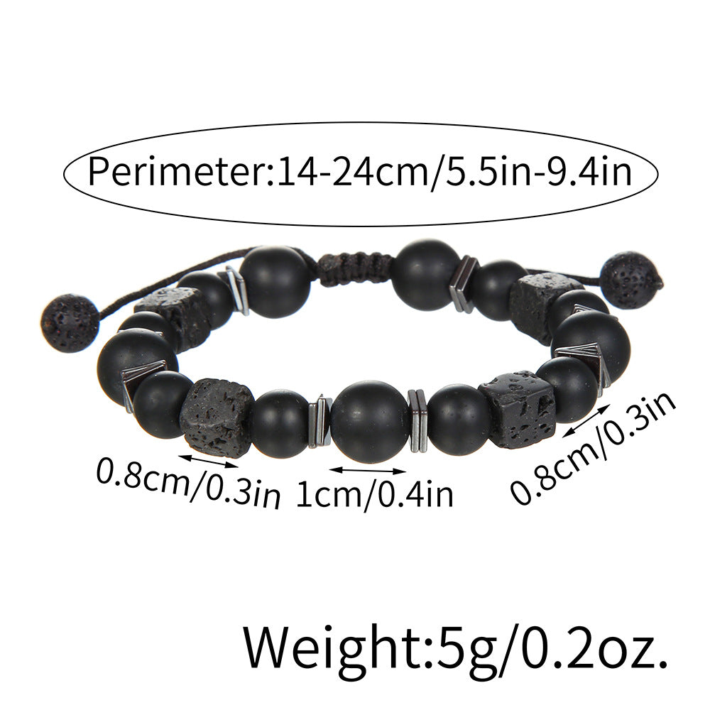 Matte Black Geometric Round Volcanic Stone and Glass Beaded Bracelet for Men and Women