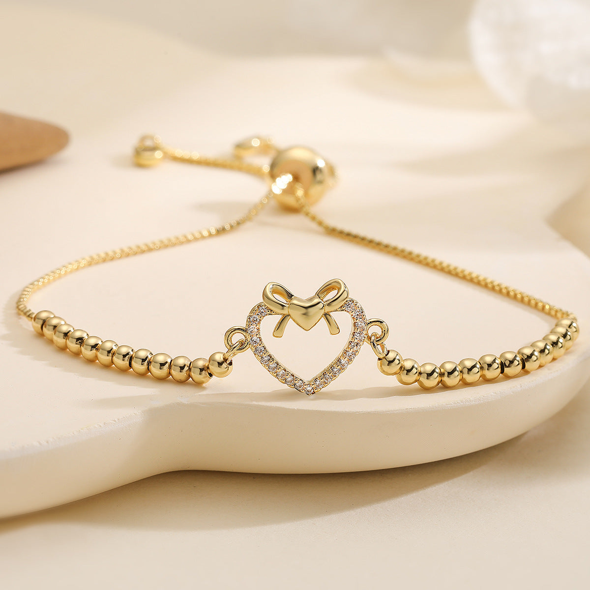 Minimalist Heart-Shaped Copper Bracelet with 18K Gold Plating and Zircon Accents for Women