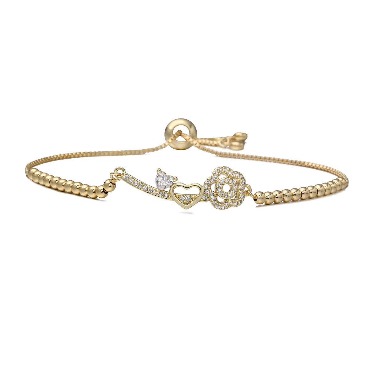 Elegant Minimalist Gold Plated Brass Floral Heart Geometric Bracelet with Cubic Zirconia Inlay for Women