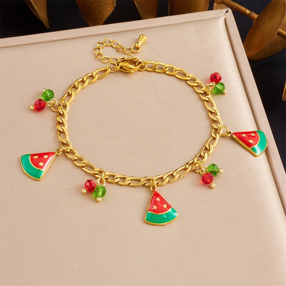 Sweet Gold Plated Stainless Steel Cherry Strawberry Pendant Bracelet