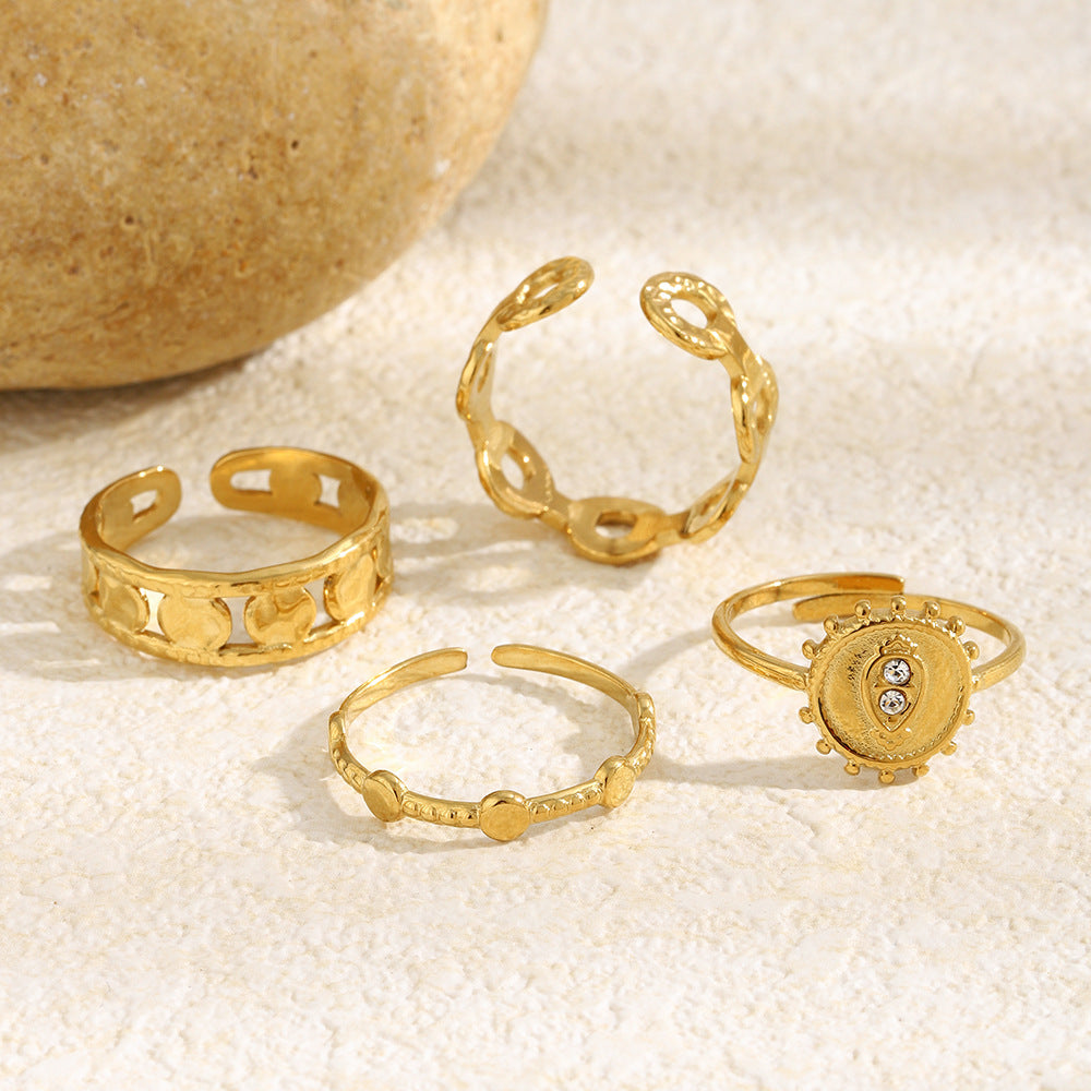 Elegant Luxury 18K Gold Plated Stainless Steel Round Geometric Rhinestone Open Ring for Women