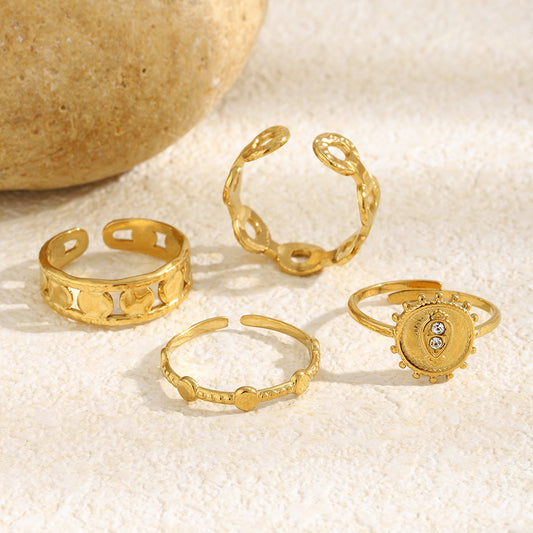 Elegant Luxury 18K Gold Plated Stainless Steel Round Geometric Rhinestone Open Ring for Women
