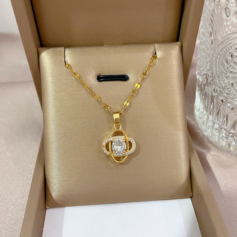 Minimalist Geometric Titanium Steel Necklace with Gold Plated Brass Pendant and Rhinestone Inlay