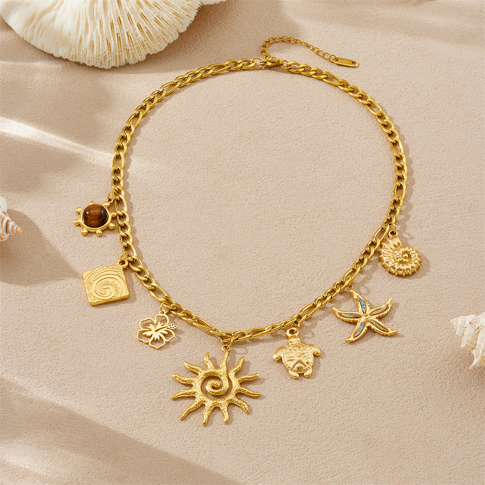 Chic Minimalist Hollow Floral Starfish Turtle Tiger's Eye Plated Stainless Steel Necklace for Women