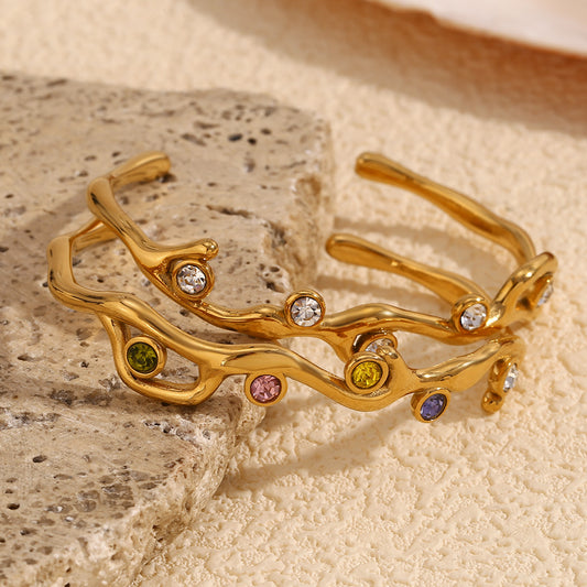 Pulsera de mujer de acero inoxidable con forma de rama, chapada en oro de 18 quilates con pedrería de colores, de diseño minimalista y a la moda