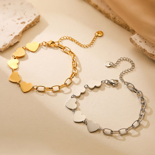 Minimalist 18K Gold Plated Stainless Steel Heart Bracelet for Women