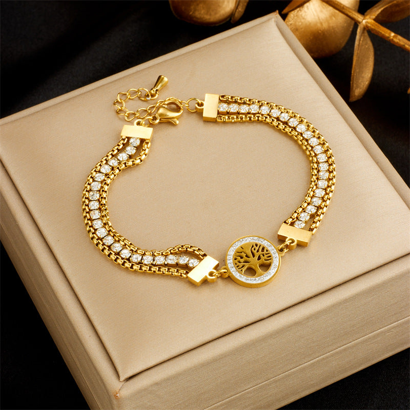 Vintage-Style Butterfly-Shaped Stainless Steel Bracelet with Rhinestone Inlay and Multi-Layer Chain Design for Women
