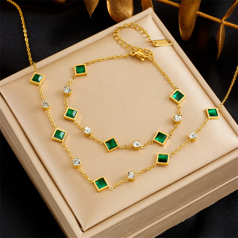 Minimalist Elegant Square Rhinestone Plated Stainless Steel Necklace and Bracelet Set for Women