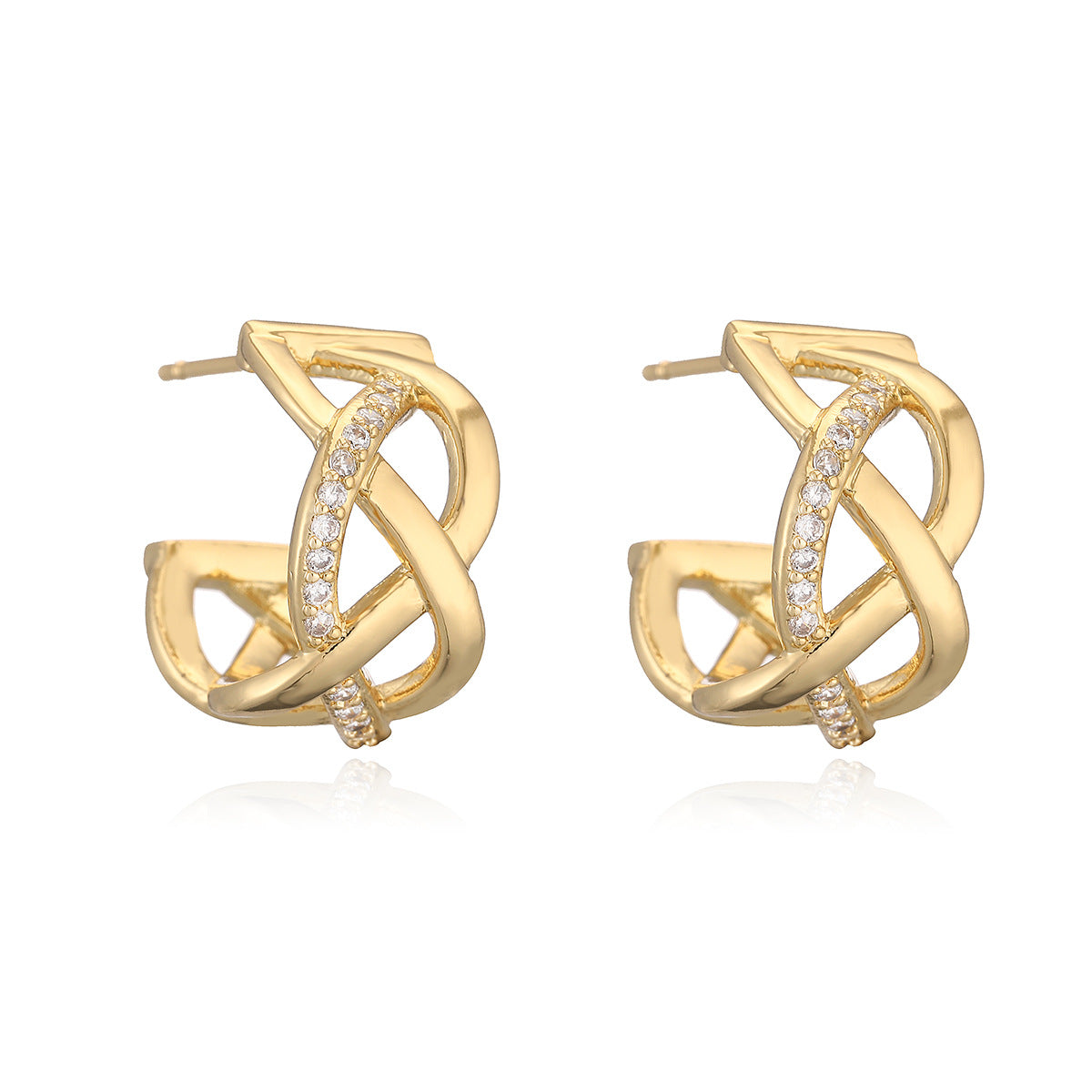 Minimalist Luxury Geometric Gold Plated Brass Stud Earrings with Cubic Zirconia for Women