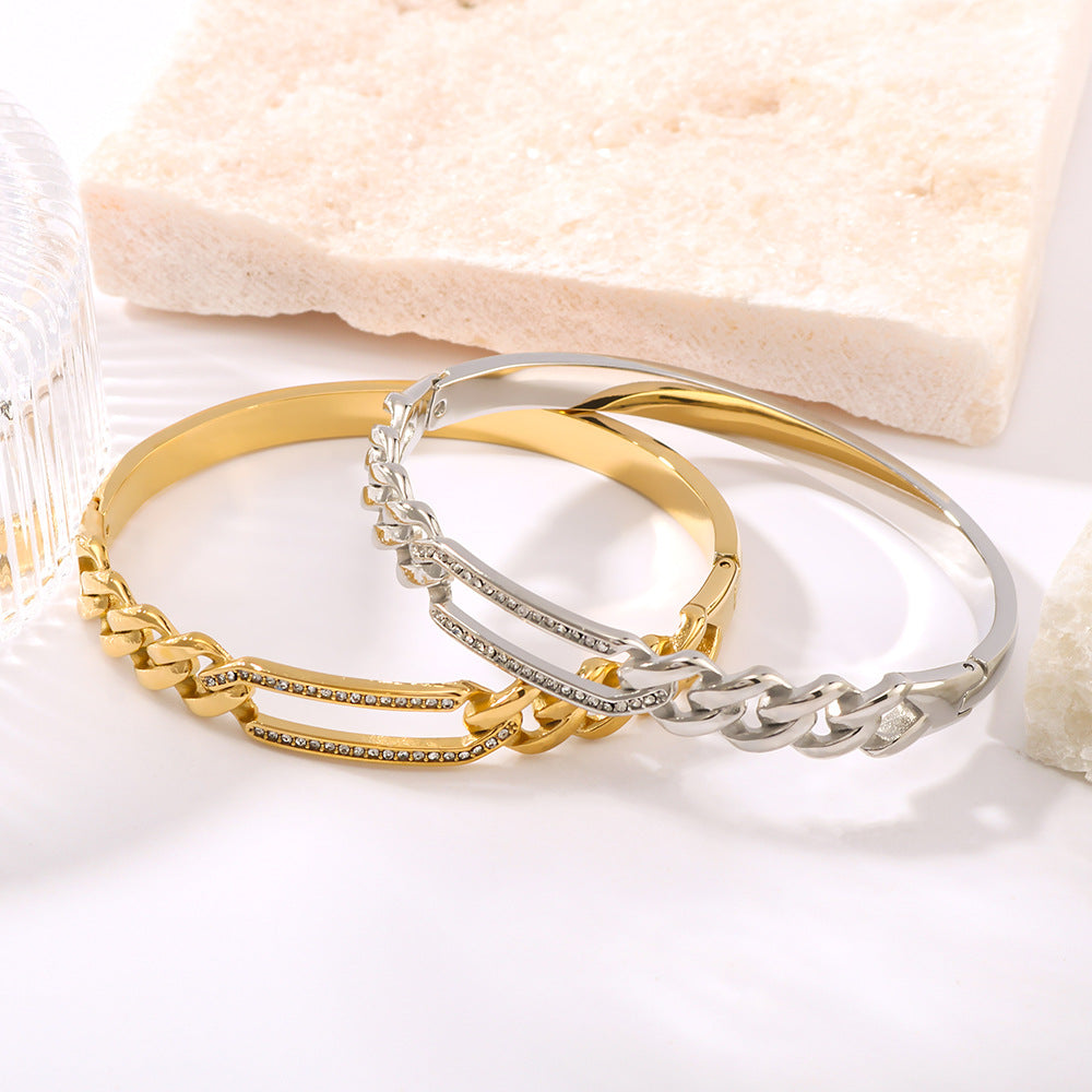Minimalist Rectangular Hollow Bangle with Herringbone Texture, Rhinestone Inlay, Stainless Steel Base, 18K Gold Plated Finish for Women