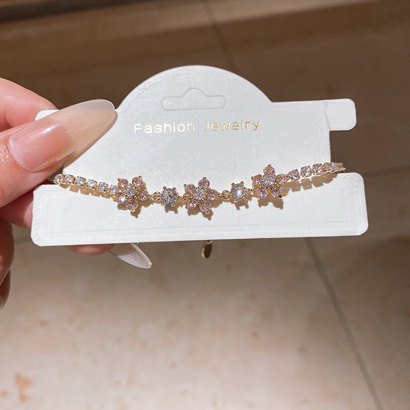 Sweet Square Floral Brass Bracelet with Cubic Zirconia Inlay for Women