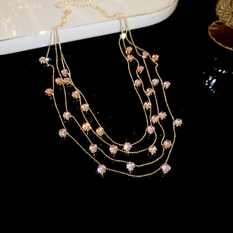 Elegante Collana Multistrato in Zirconi con Forma Geometrica da Donna, Catena alla Clavicola alla Moda con Dettagli Rotondi e Lineari, Gioielli Estivi