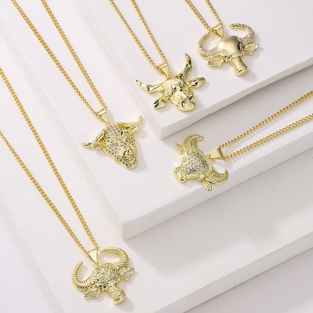 Vintage Geometric Bull Head Pendant Necklace for Women in Copper with 18K Gold Plating and Zircon Inlay