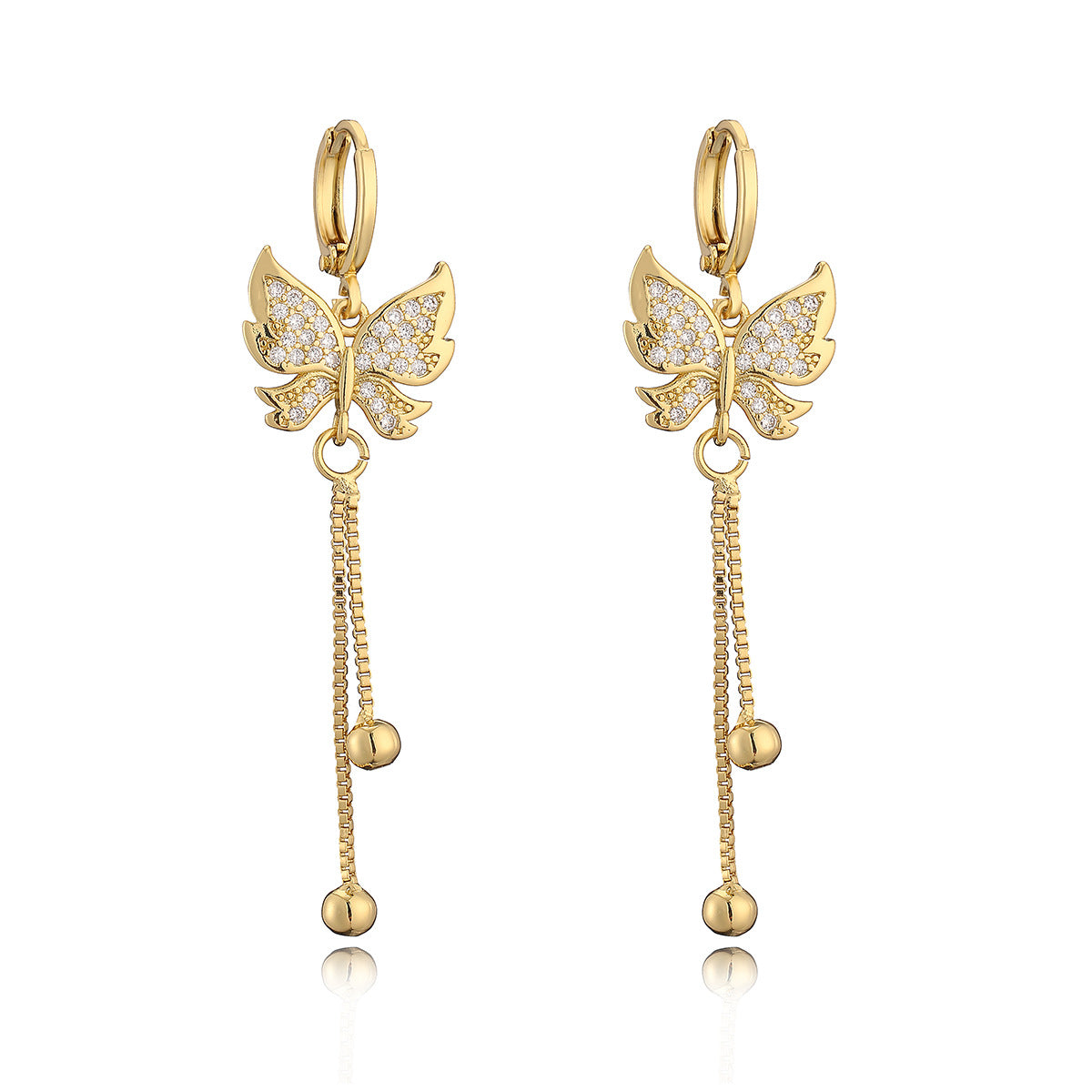 Orecchini a farfalla minimalisti in rame con placcatura in oro 18 carati e accento di zirconi, design elegante a goccia pendente per donna