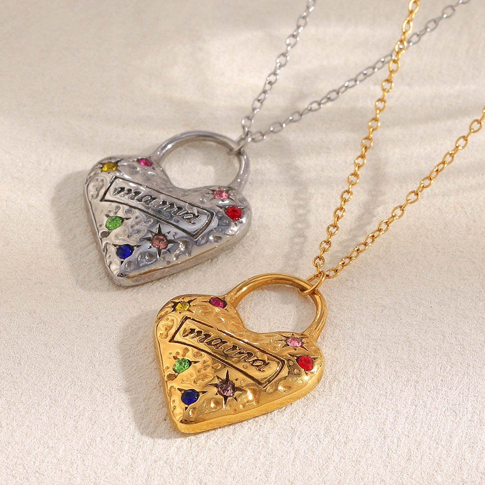 Luxury Vintage Heart-Shaped Stainless Steel Pendant Necklace with 18K Gold Plating and Colored Zircon for Women