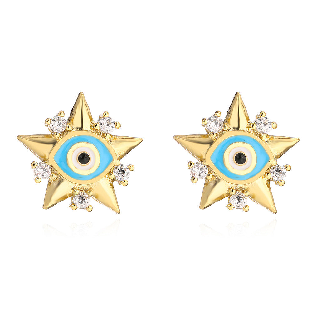 Geometric Earrings for Women with Copper Base Plated in 18K Gold and Enamel-Finished Zirconia Eye Accents