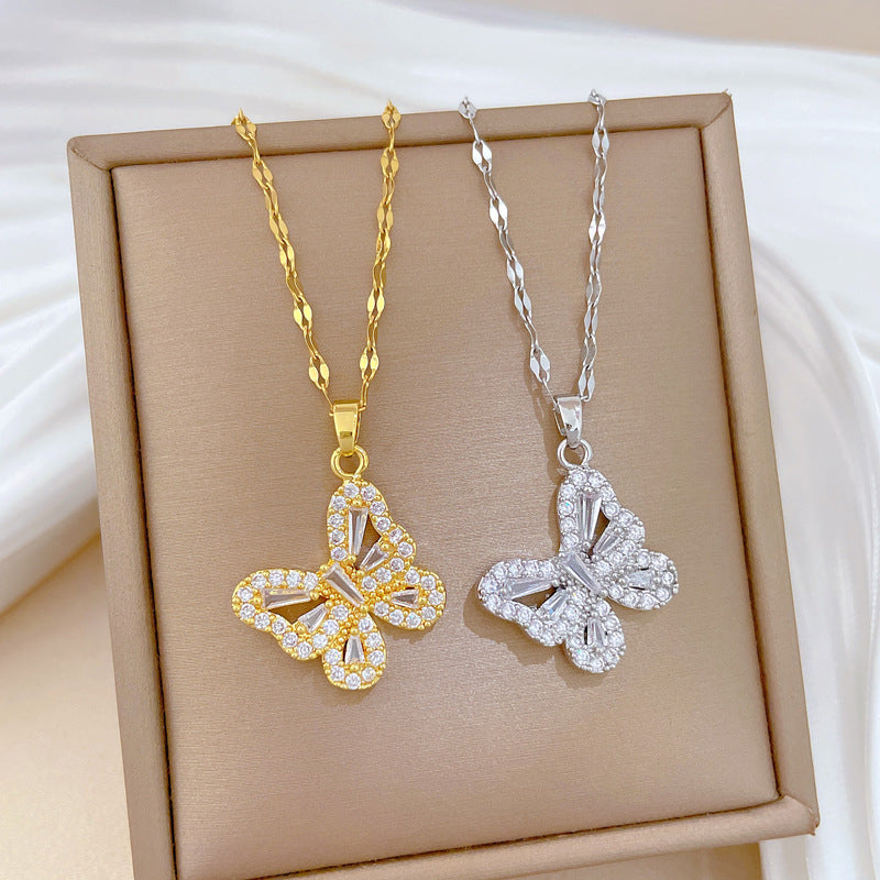 Sweet Minimalist Geometric Butterfly Rhinestone Inlay Titanium Steel Necklace for Unisex