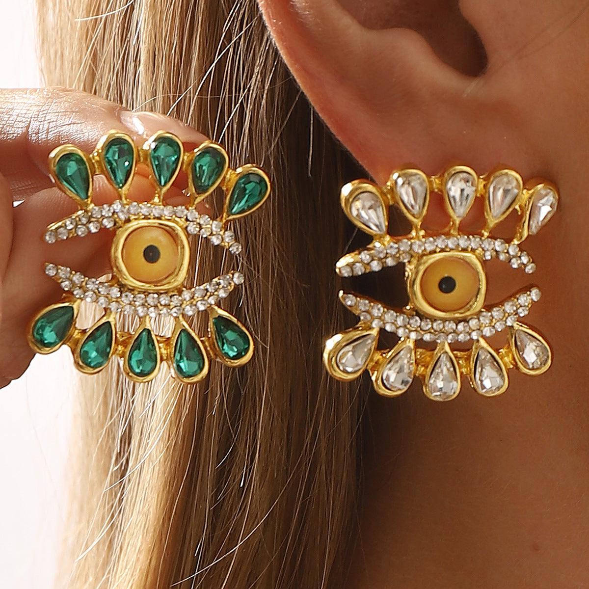 Retro Abstract Eye-Shaped Dripping Water Drop Alloy Earrings with Rhinestone Inlay for Women