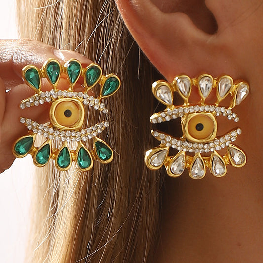 Retro Abstract Eye-Shaped Dripping Water Drop Alloy Earrings with Rhinestone Inlay for Women