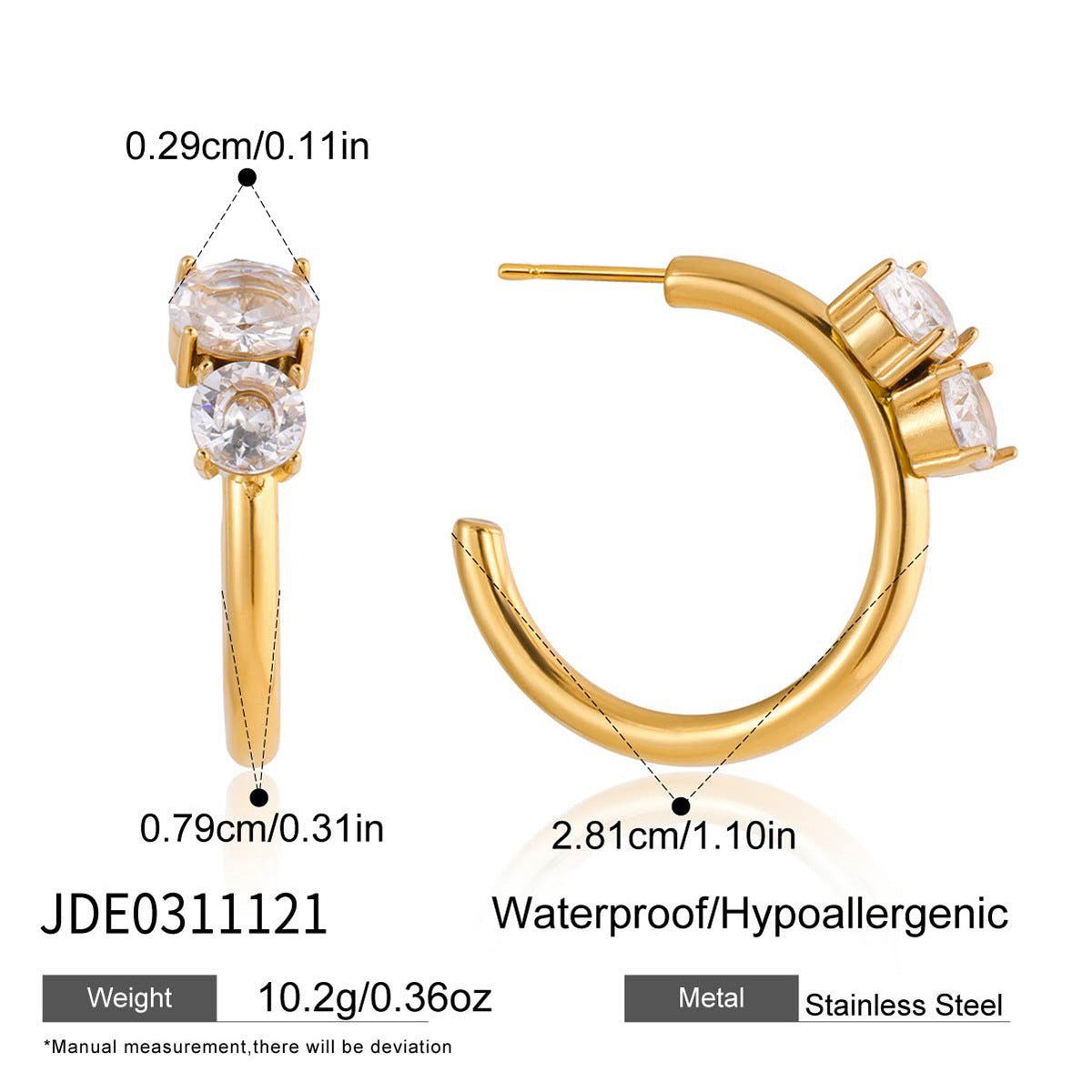 Minimalist Luxury Geometric Stainless Steel Plated Cubic Zirconia C-Shaped Stud Earrings for Women