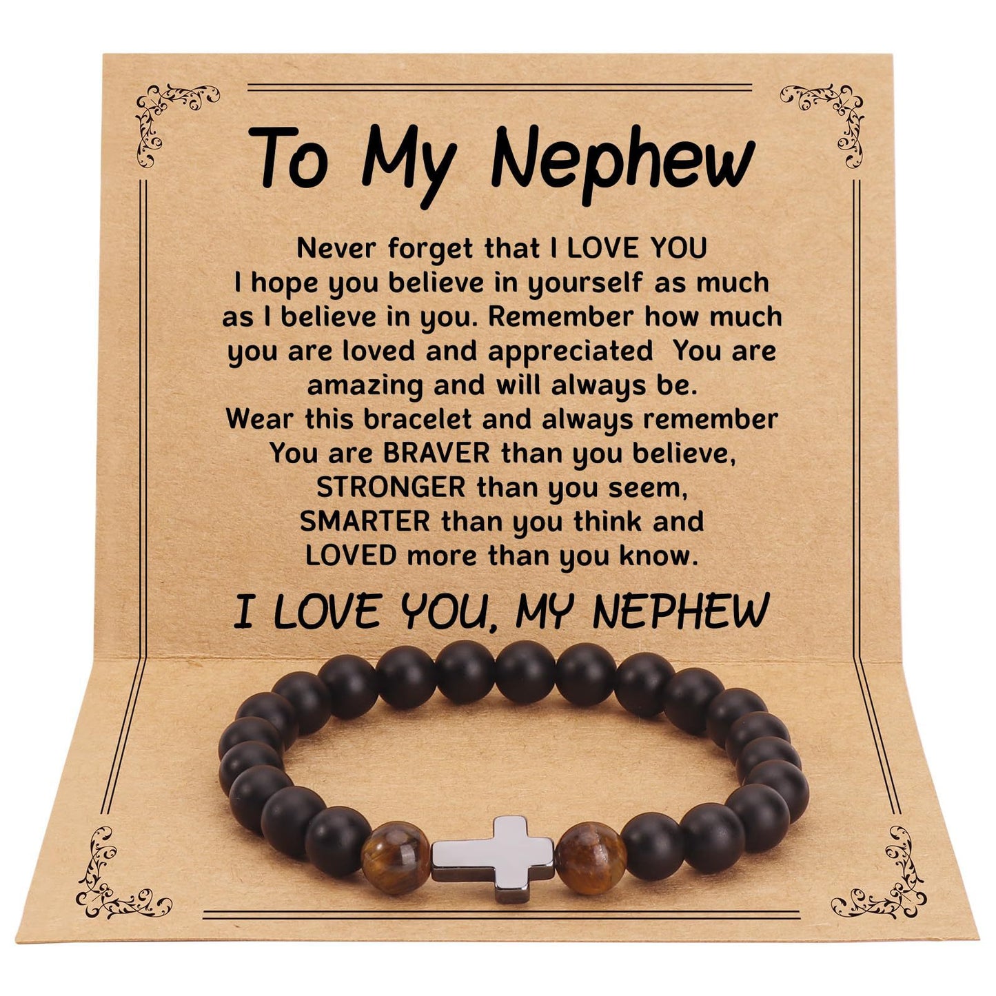 Matte Black Obsidian and Tiger Eye Beaded Bracelet with Small Cross Pendant Unisex Handmade Stone Jewelry