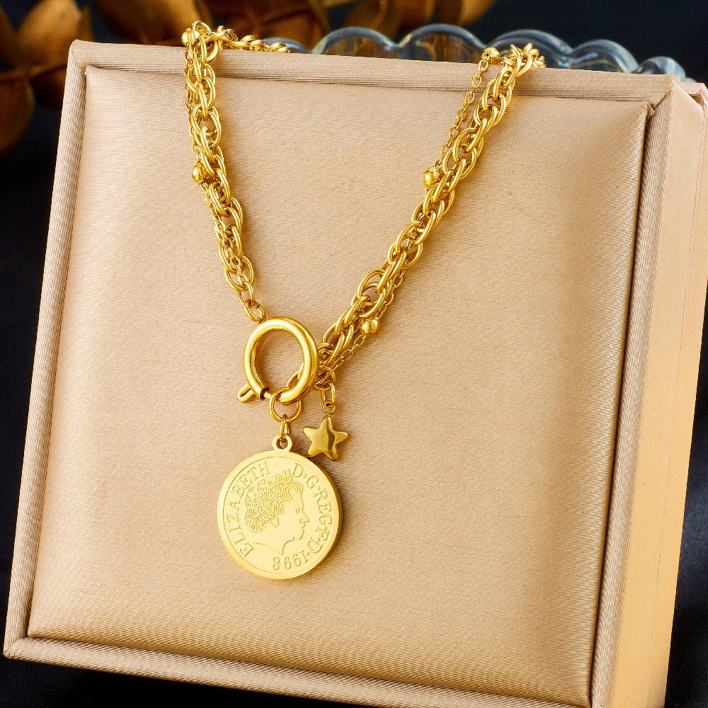 Vintage Gold Plated Stainless Steel Coin Round Star Pendant Tassel Jewelry Set with Box Chain