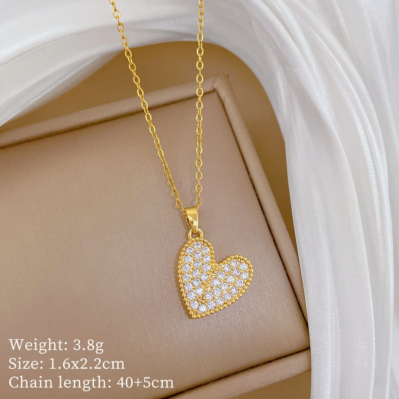 Sweet Heart Shaped Rhinestone Inlaid Titanium Steel Necklace for Unisex