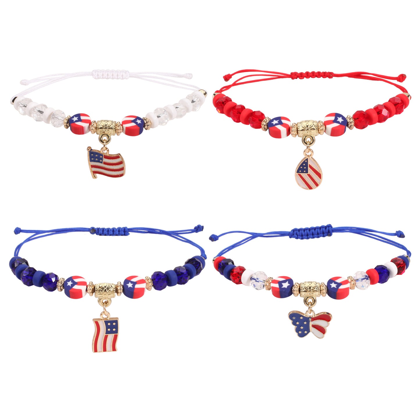 Patriotic American Flag Woven Adjustable Bracelet with Heart Star Butterfly Round Crystal Charms Red White Blue Unisex Jewelry