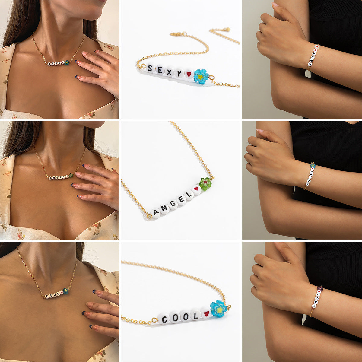 Minimalist Floral Acrylic Beaded Necklace and Bracelet Set with Curb Chain