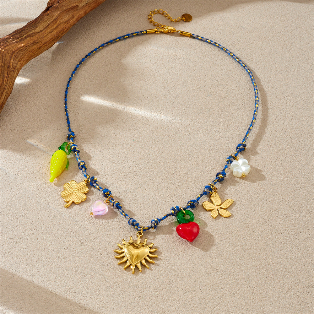 Sweet Drip Oil Heart and Floral Plated Stainless Steel Necklace