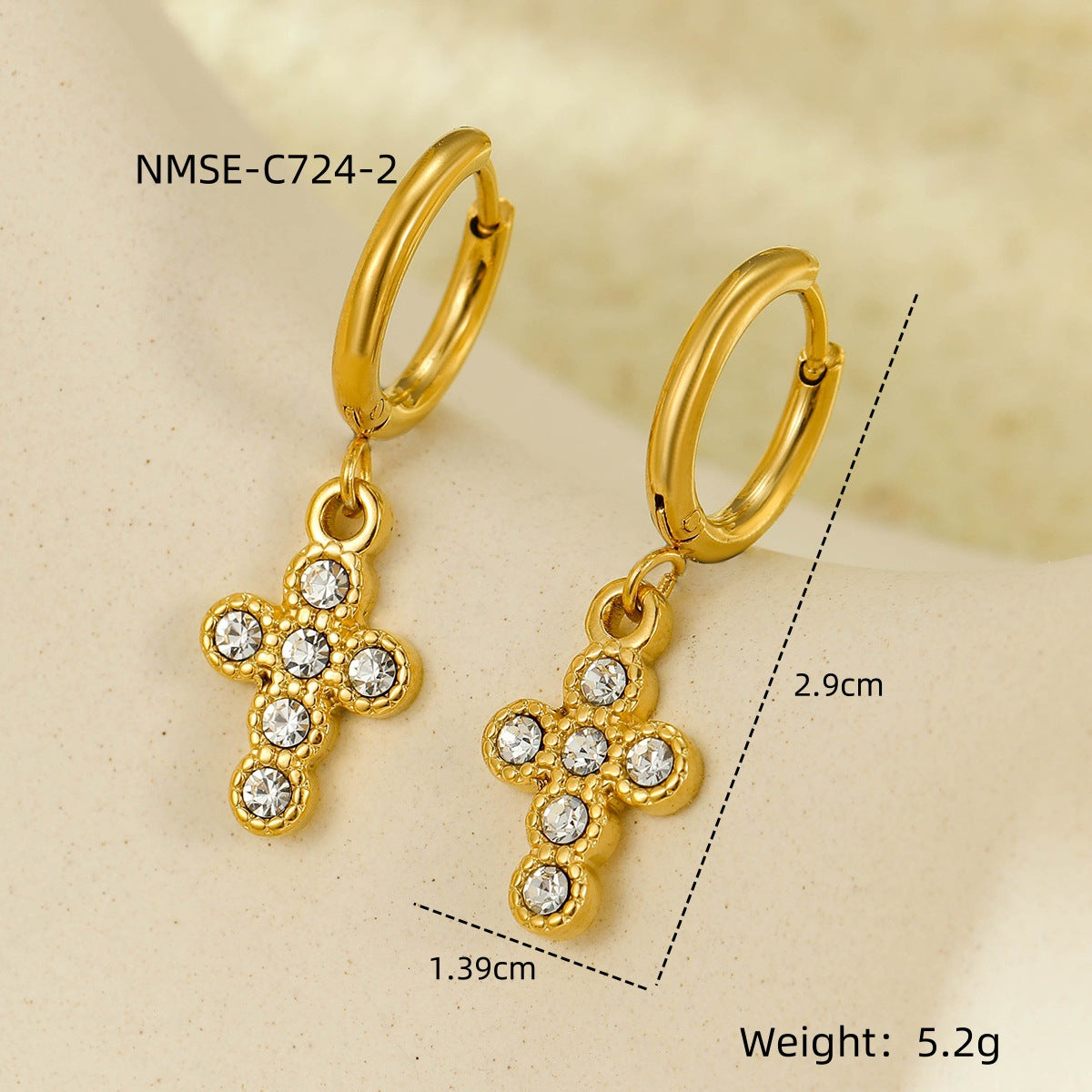 Pendientes de cruz de moda en acero titanio con incrustaciones de circonita y chapado al vacío de oro de 18K para mujer