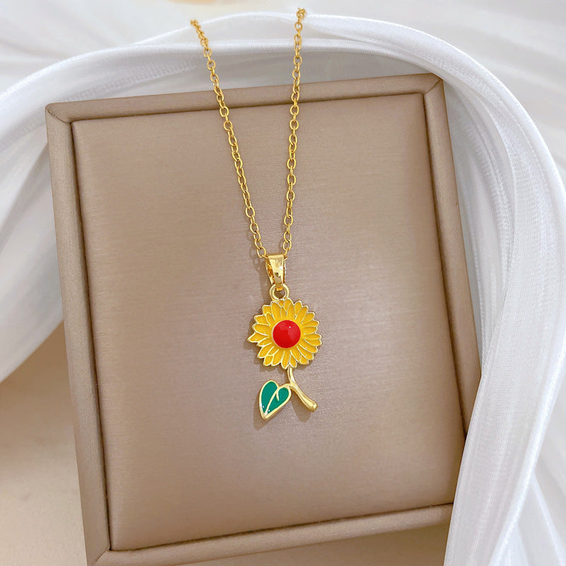 Sweet Elegant Drip Oil Floral Moon Rhinestone Pendant Necklace Titanium Steel Cable Chain for Unisex