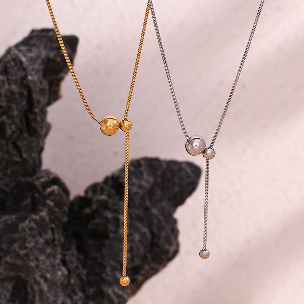 Fashion Minimalist Y-Shape Snake Chain Necklace with Bead Stainless Steel 18K Gold Plated