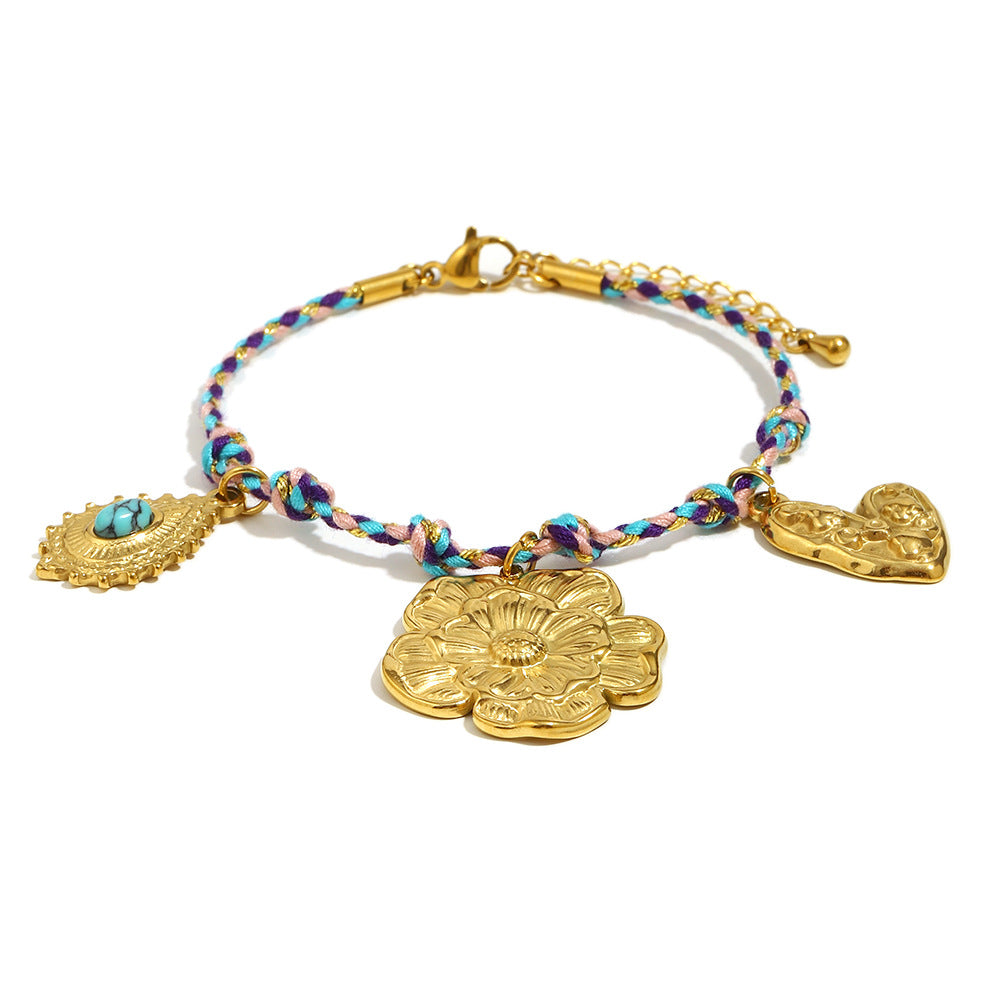 Bracciale da donna alla moda con perline a goccia di turchese in acciaio inossidabile placcato oro 18K a forma di fiore minimalista