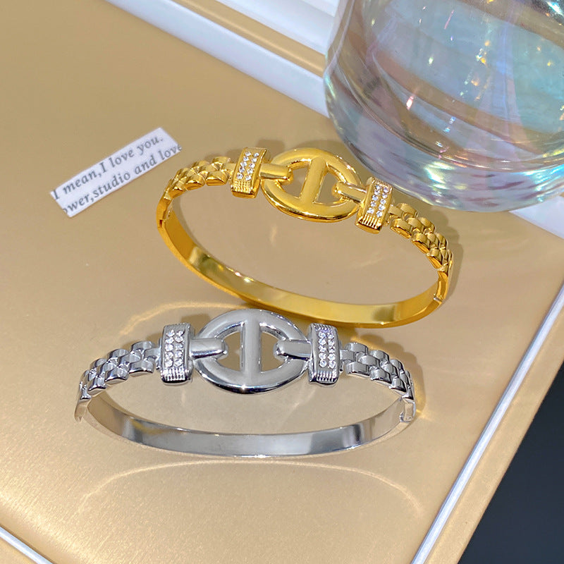 Minimalist Geometric Letter Titanium Steel Plated Rhinestone Bracelet for Women