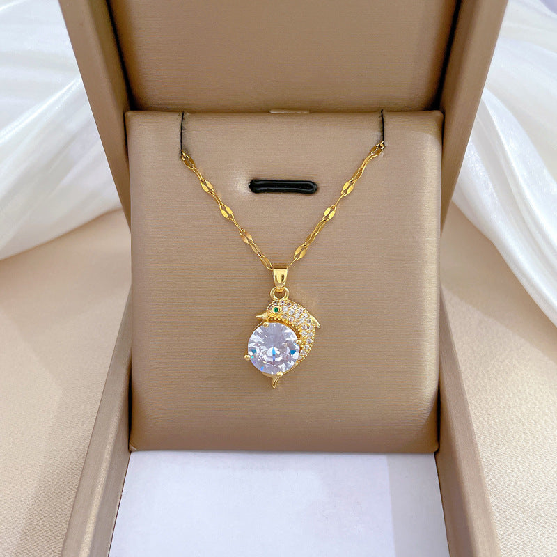Collar de acero de titanio geométrico minimalista de lujo con incrustaciones de diamantes de imitación para mujer