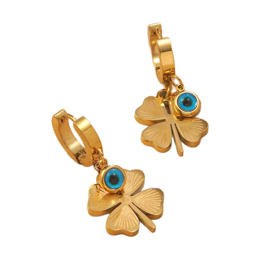 Stainless Steel Plated Four-Leaf Clover Evil Eye Earrings for Women