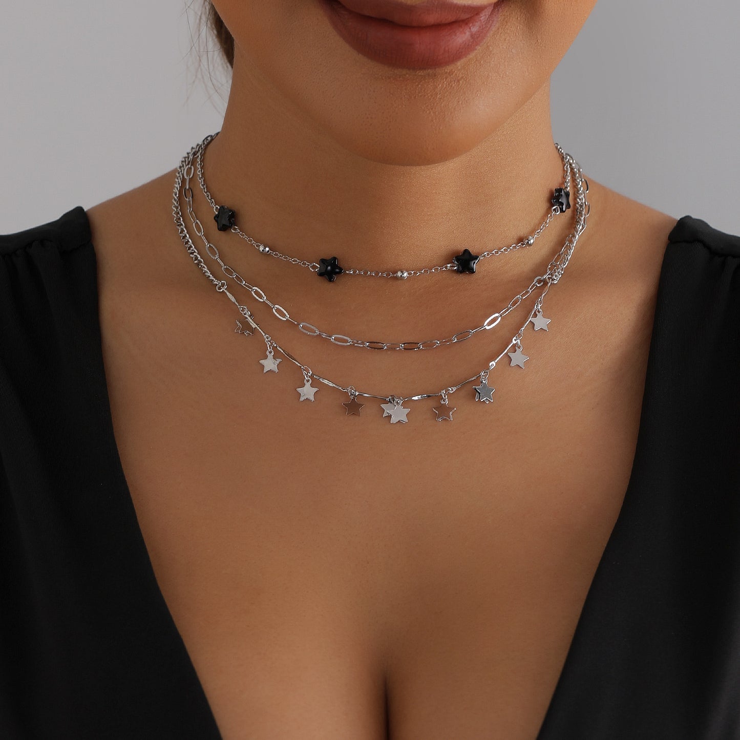 Vintage Gothic Star Geometric Alloy Plated Layered Necklace for Women and Men