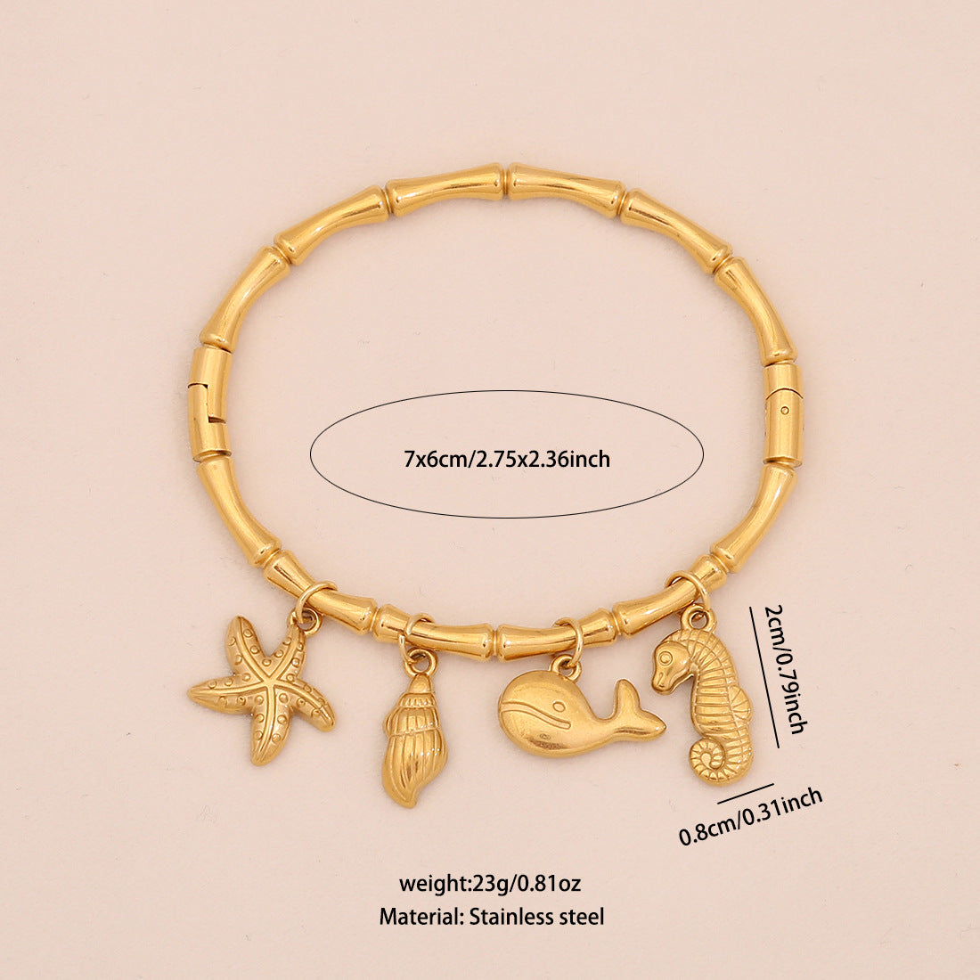 Bracciale personalizzato in acciaio inossidabile con stella marina, conchiglia e farfalla floreale, con finitura placcata